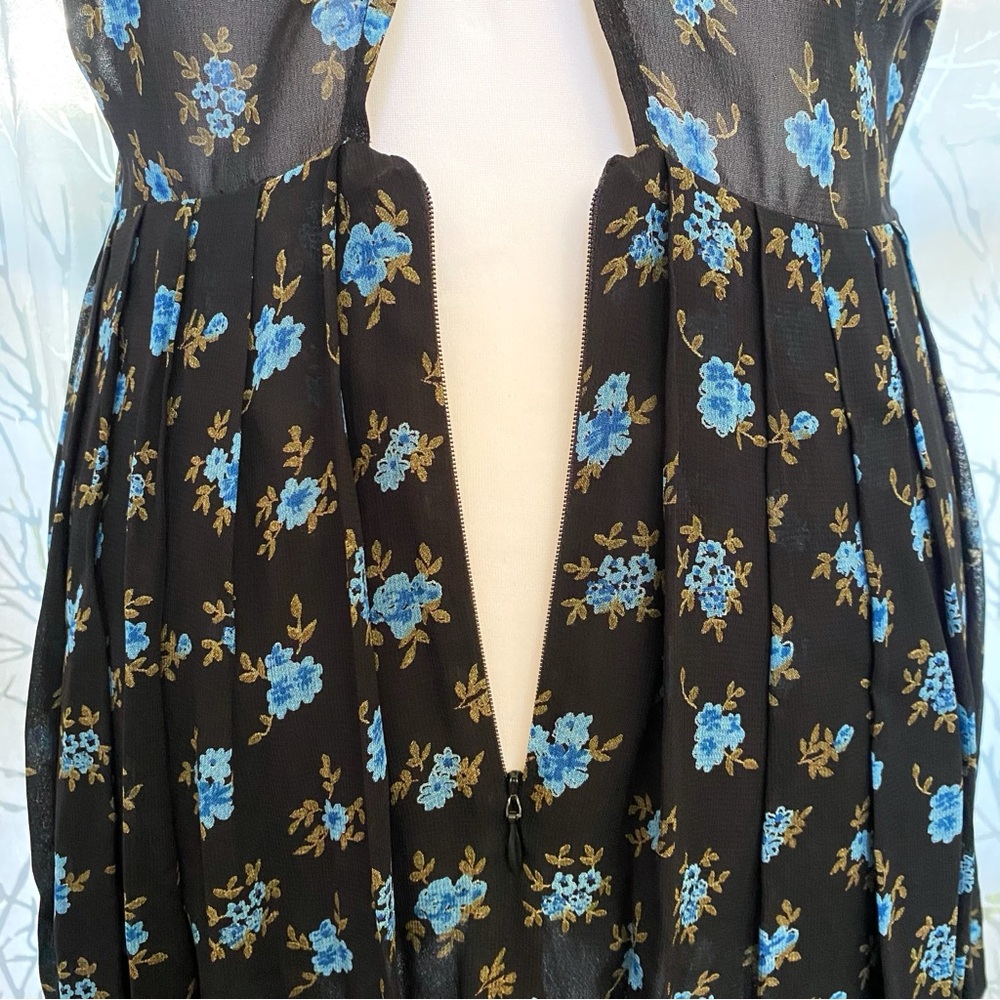 Reformation black blue floral print collared 1/2 button short sleeve mini dress - Picture 9 of 13